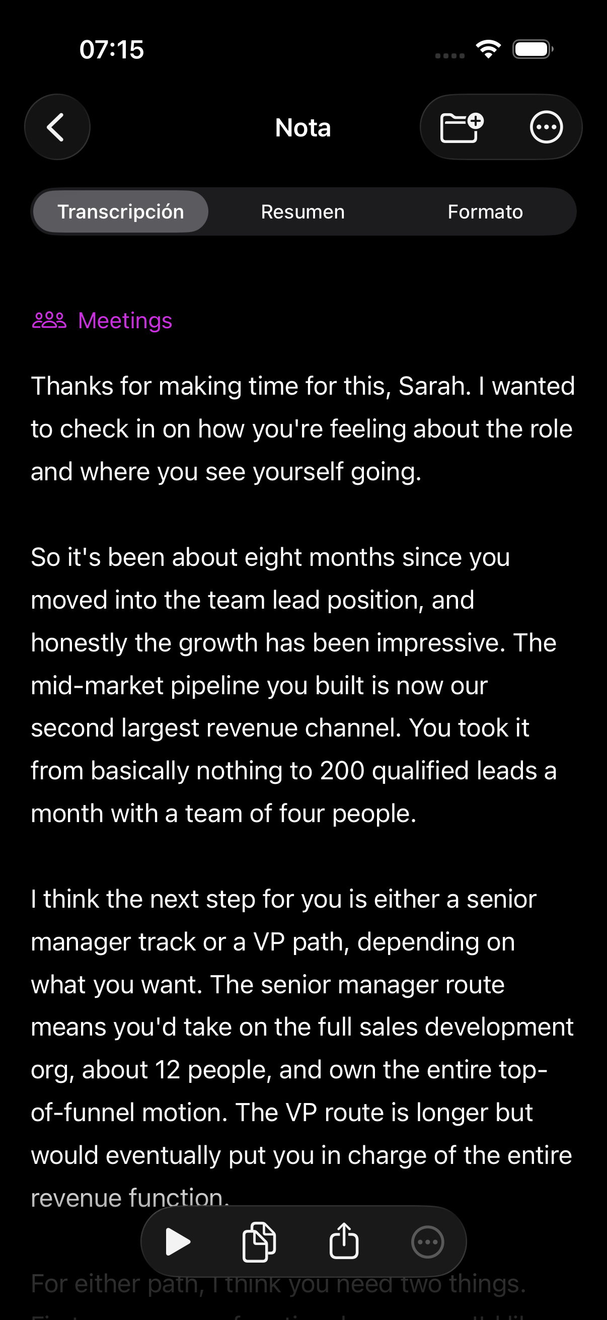 Transcription view in dark mode