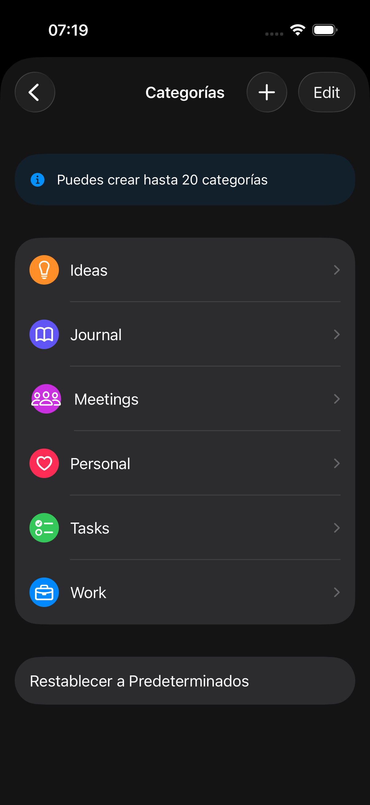 Note categories view