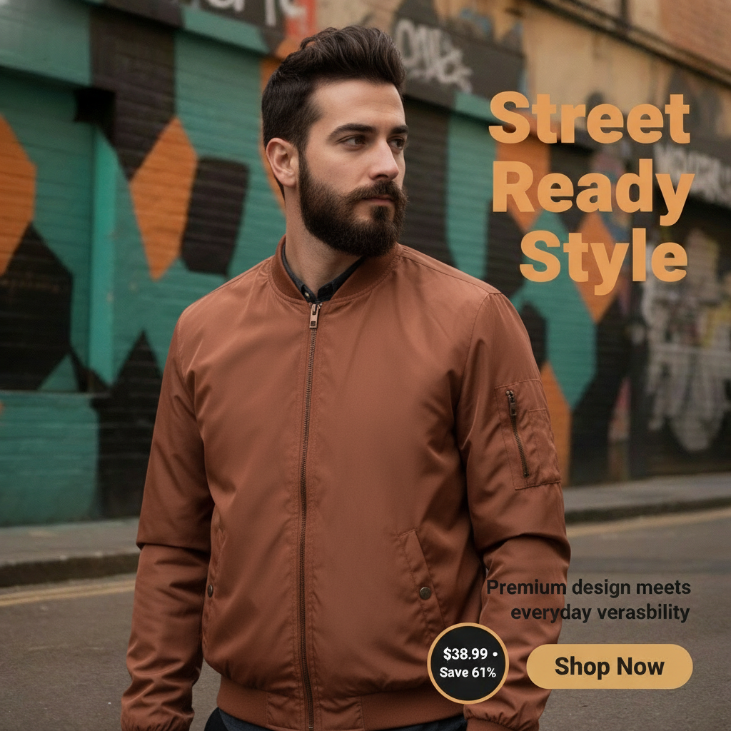AI-generated ad: Street Ready Style bomber jacket with graffiti background