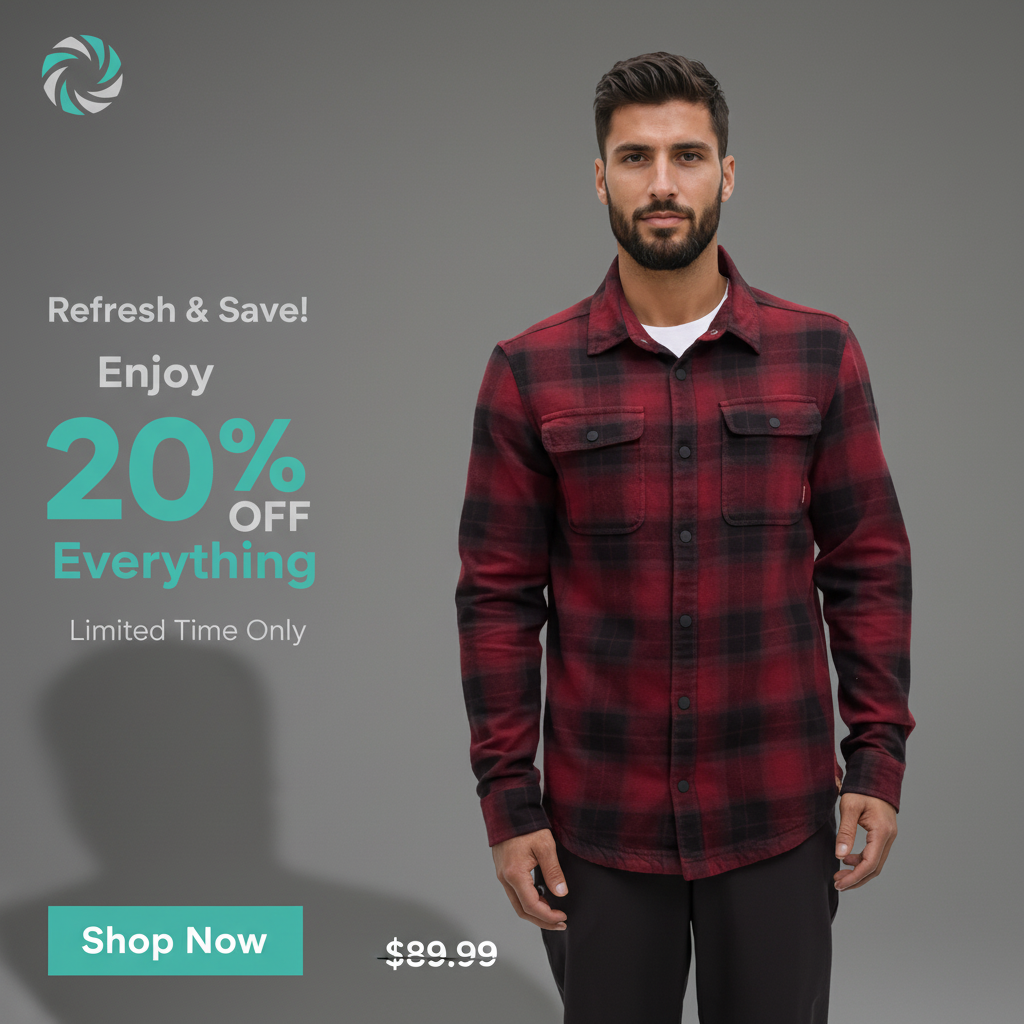 AI-generated ad: model in flannel shirt with 20% off promotion