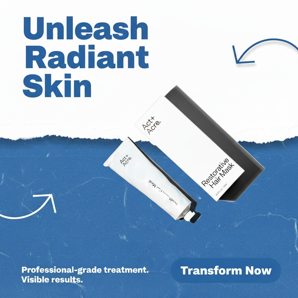 AI-generated ad: Act+Acre skincare products on blue torn paper texture