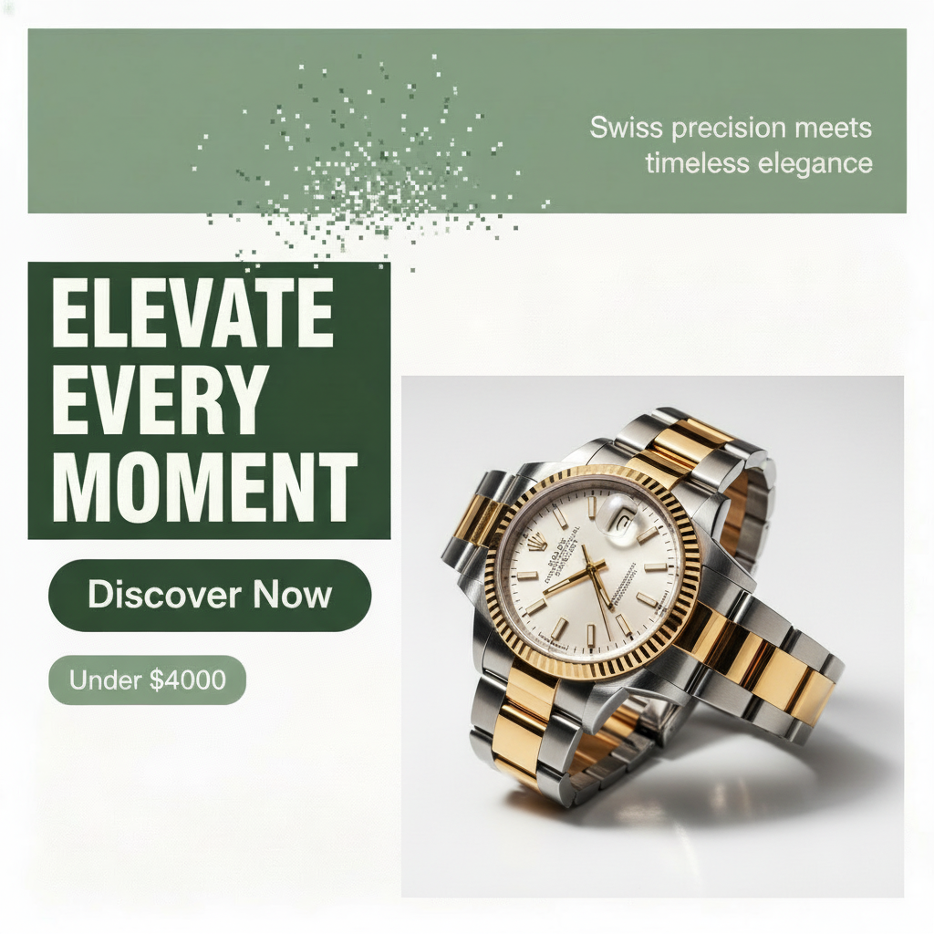 AI-generated ad: Elevate Every Moment watch on sage green background