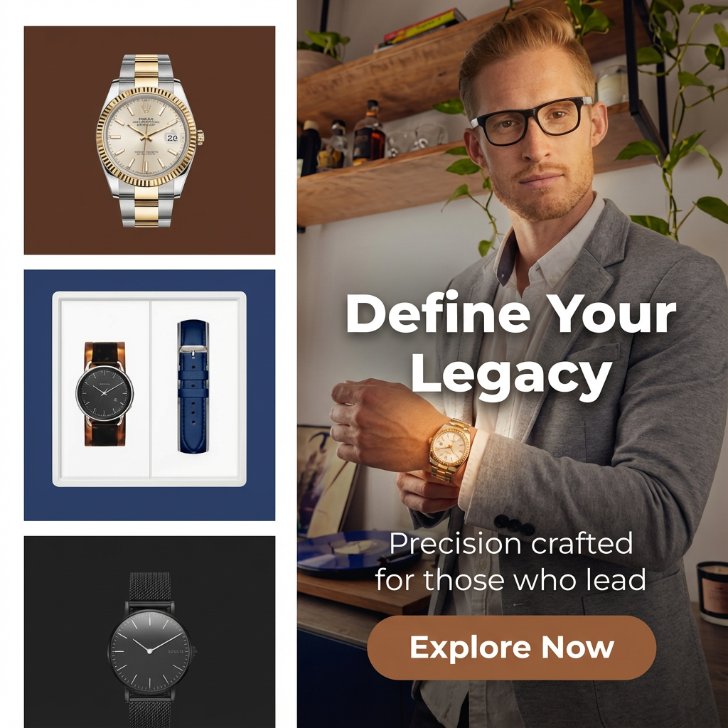 AI-generated ad: Define Your Legacy watch collage with model