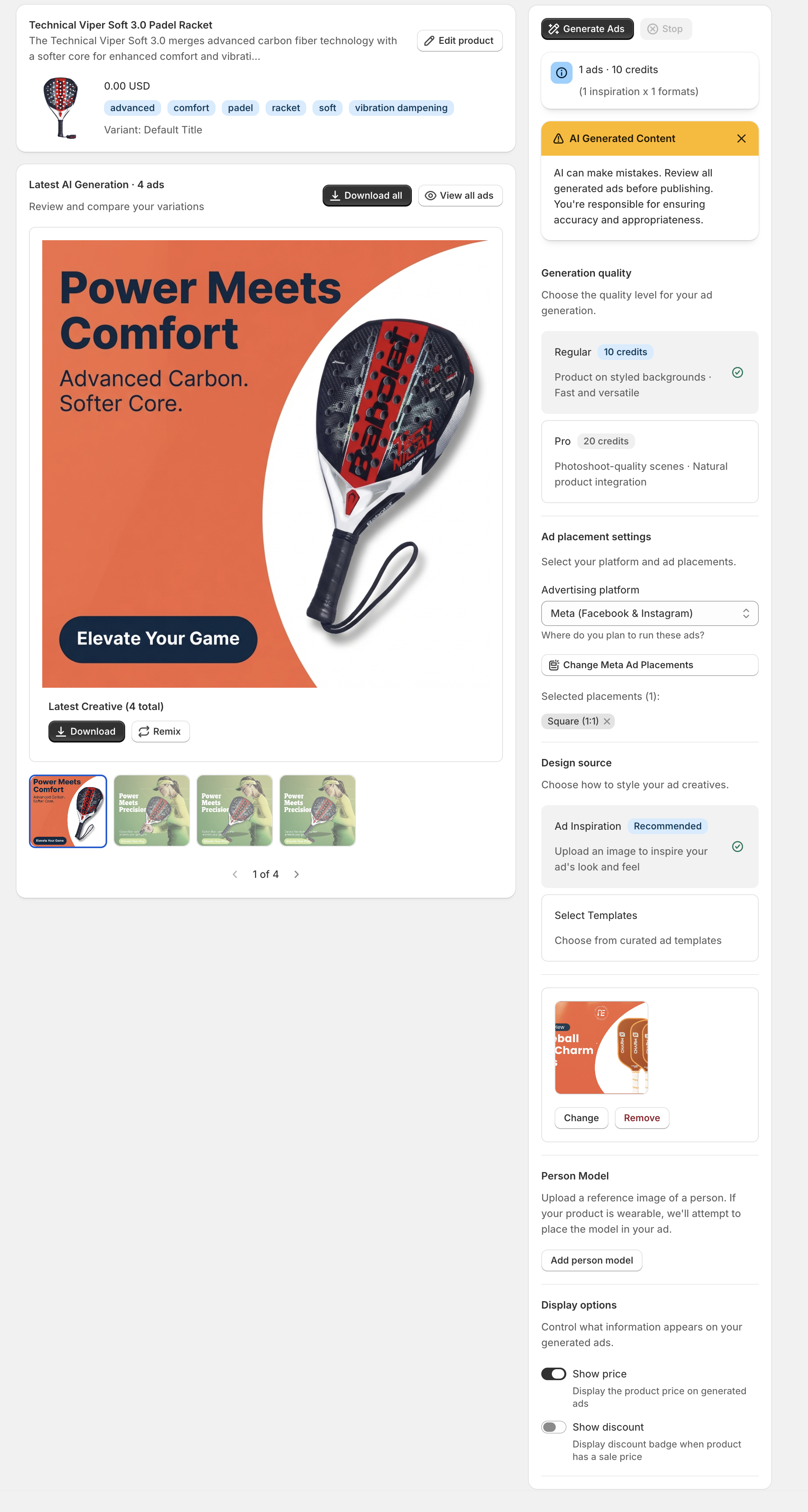 Ad AI Image running inside Shopify admin with padel racket product