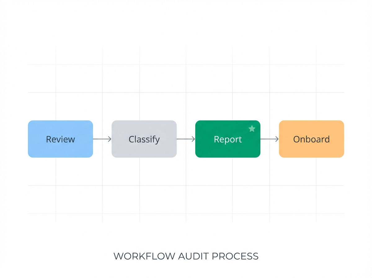 Workflow audit process: Review, Classify, Report, Onboard