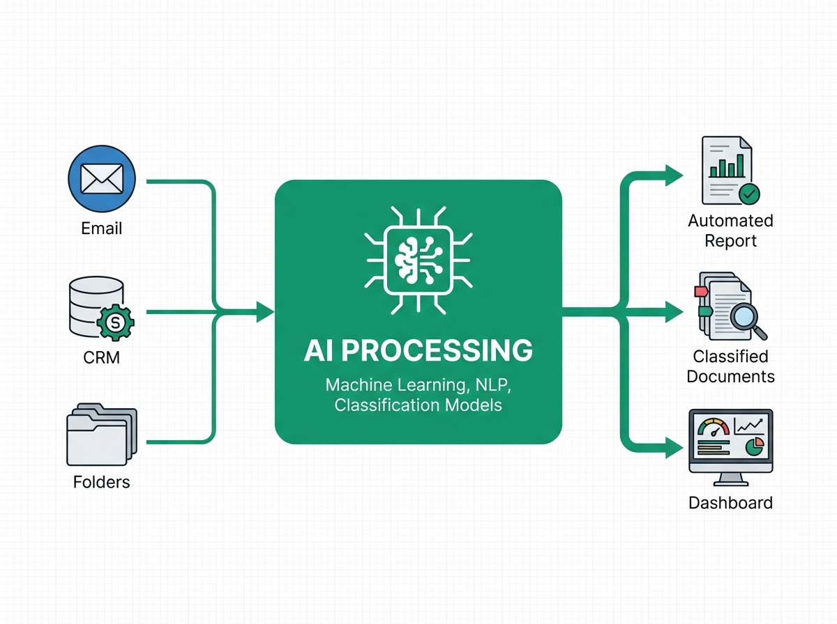 AI processing pipeline: Email, CRM and folders processed into reports, classified documents and dashboards